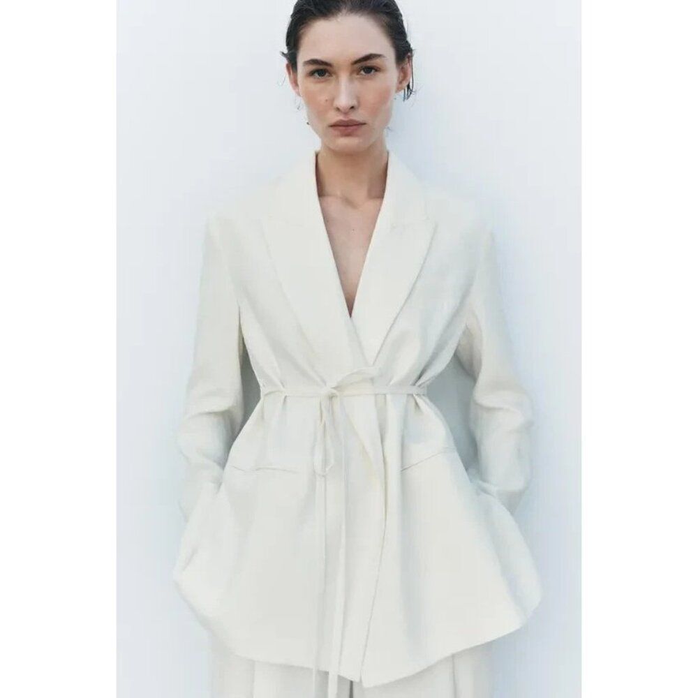 Zara Womens Linen Blend Blazer Ecru XL Long Sleeve Tie Belt Lined 2464/586 NWOT